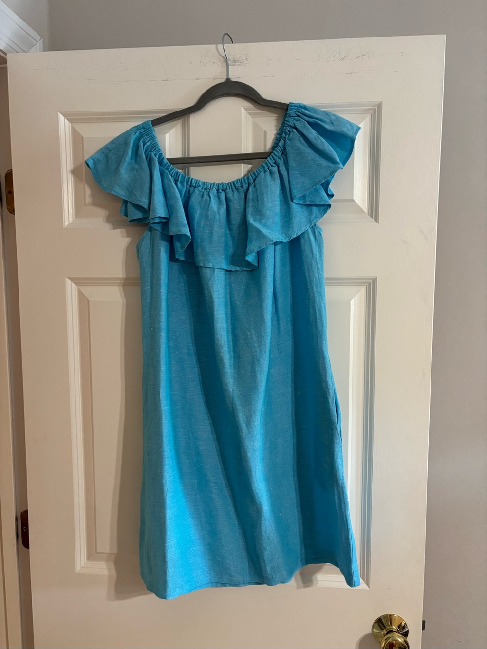 Tommy Bahama Turquoise Ruffle Off-Shoulder Dress with pockets!